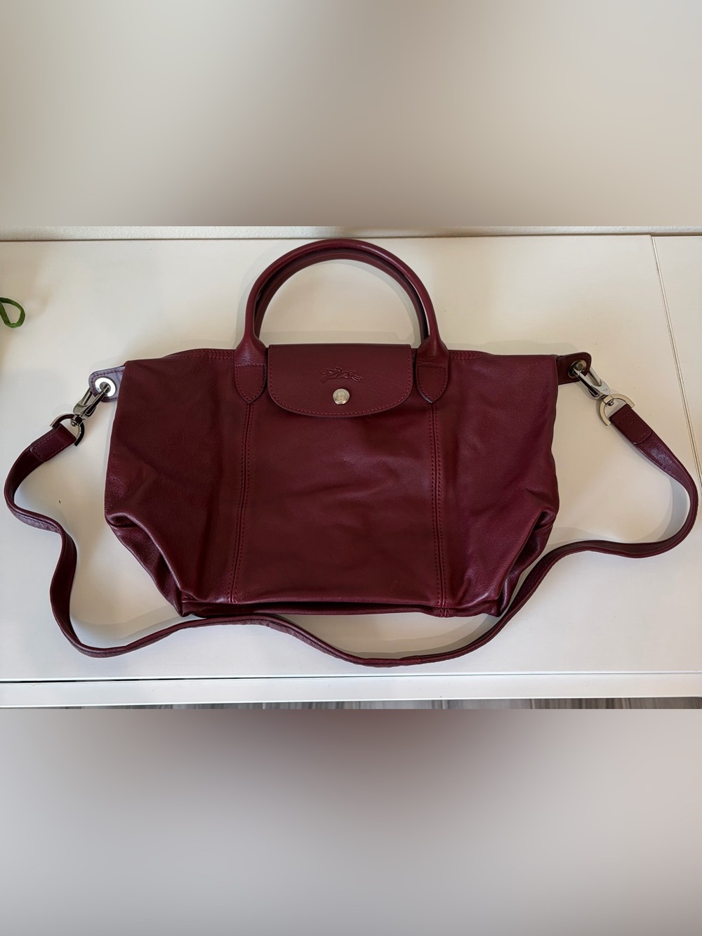 Longchamp Le Pliage Cuir Crossbody - Small - Red Lacquer (Burgundy)